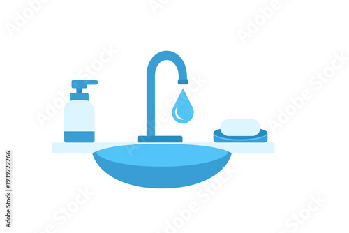 A flat illustration of a blue bathroom sink featuring a faucet with a water drop, a liquid soap dispenser, and a bar of soap in a dish. The design uses a minimalist blue color scheme.