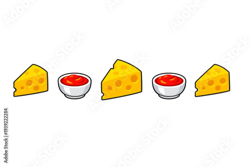 A horizontal row of three yellow Swiss cheese wedges and two small white bowls filled with red tomato sauce, all set against a solid black background in a cartoon illustration style.