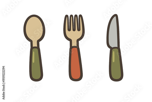 A simple cartoon illustration of a spoon, a fork, and a knife with colorful handles set against a solid black background. The utensils feature rounded edges and thick dark outlines.