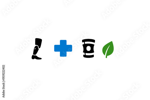 A sequence of minimalist icons on a black background featuring a person, a blue medical cross, a medicine bottle, and a green leaf, representing natural healthcare and herbal medicine.