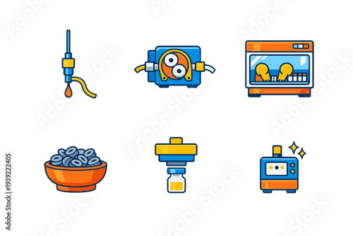 A collection of six flat vector icons representing laboratory and industrial equipment, including a pipette, a pump, an incubator, a bowl of parts, a vial filler, and a control unit.