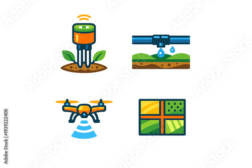 A set of four flat icons representing smart agriculture technology, including a soil sensor, drip irrigation system, agricultural drone, and a digital field map for crop management.