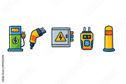 A set of five colorful vector icons representing electric vehicle charging equipment, including a station, plug, electrical panel, handheld tester, and safety bollard on a black background.