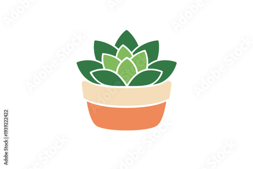This flat design vector graphic features a green succulent plant with multiple layers of leaves growing inside a small orange and beige flower pot on a black background.