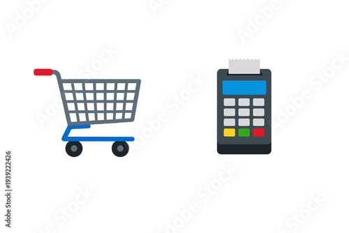 A digital illustration of a shopping cart and a point of sale terminal with a receipt against a black background, symbolizing retail shopping and electronic transactions.