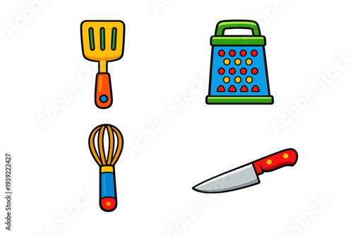 A colorful set of four cartoon kitchen utensils including a spatula, cheese grater, whisk, and chef knife, isolated on a black background with a bold graphic style.