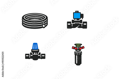 A set of four flat vector icons representing irrigation system components including a hose coil, solenoid valve, pressure regulator, and a pop-up sprinkler head on a black background.