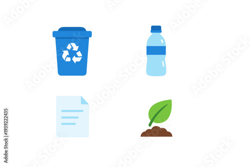 A set of four environmental icons featuring a blue recycling bin, a plastic water bottle, a document, and a green leaf growing from soil, all presented on a black background.