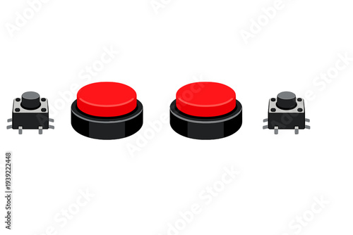 This isometric 3D rendering displays two large red circular buttons and two small black electronic tactile switches positioned on a plain black background.