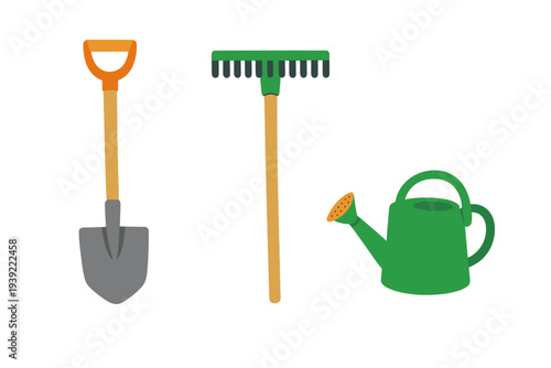 A flat illustration of three essential gardening tools including a grey shovel with an orange handle, a green rake, and a green watering can, all set against a solid black background.