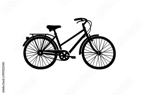 A black silhouette of a classic city bicycle with fenders and a chain guard, isolated on a white background. This minimalist graphic shows the side view of a standard pedal bike.