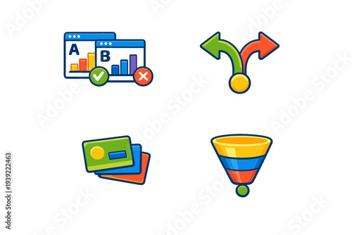 A set of four colorful business icons featuring A/B testing windows, a split decision arrow, stacked payment cards, and a multi-layered sales funnel on a black background.