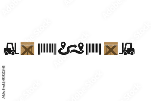 This graphic features a series of logistics icons such as forklifts, wooden crates, barcodes, and a delivery route map, illustrating the stages of a supply chain process.