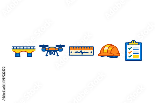 A set of five flat icons representing engineering and construction, including a bridge, a drone, a measuring tool, a safety hard hat, and a project checklist on a black background.