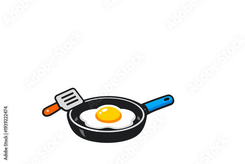 A cartoon illustration of a sunny-side-up fried egg cooking in a black frying pan with a blue handle, accompanied by a small spatula with an orange handle on a black background.