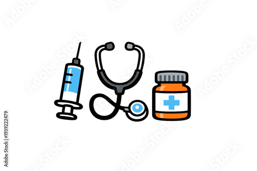 A flat illustration featuring medical equipment including a blue syringe, a grey stethoscope, and an orange medicine bottle with a blue cross icon on a solid black background.