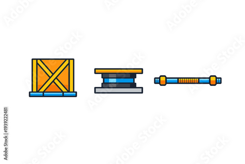 A set of three industrial icons featuring a wooden shipping crate on a pallet, a mechanical spool, and a segmented blue pipe, all rendered in a flat vector style on a black background.