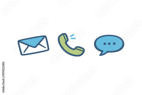 Three hand-drawn communication icons including an envelope, a telephone handset, and a speech bubble with three dots, set against a solid black background in a simple illustrative style.