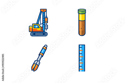 A set of four flat vector icons representing geotechnical engineering and soil sampling, including a drilling rig, a test tube with soil, a drill bit, and a measuring scale.