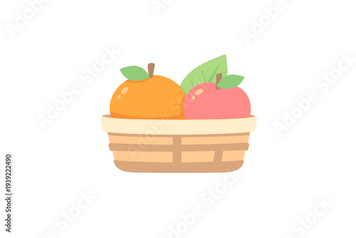 A cute sticker illustration of a woven basket filled with a bright orange and a red apple. The fruits have green leaves and the entire graphic is set against a black background.