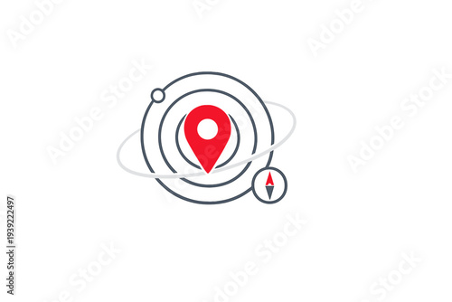This minimalist graphic features a red map pointer at the center of concentric rings and an orbital path, accompanied by a small compass icon on a solid black background.