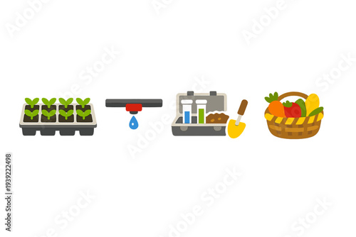 A set of four flat icons representing the stages of agriculture, including a seedling tray, an irrigation system, a soil testing kit, and a basket full of fresh harvested vegetables.