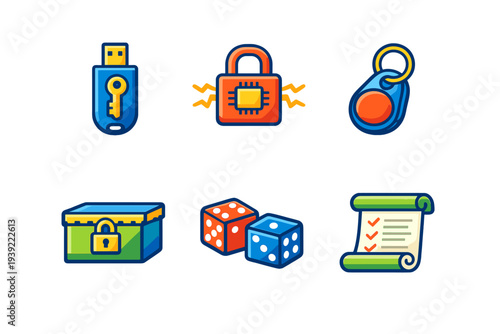 A collection of six colorful flat icons featuring a USB key, a digital padlock with a microchip, an electronic key fob, a locked chest, two gaming dice, and a checklist scroll.
