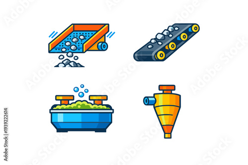 A set of four stylized vector icons representing industrial mining equipment including a conveyor belt, a vibrating screen, a flotation tank, and a centrifugal separator.