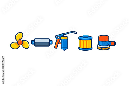 This set features five colorful mechanical icons such as a yellow propeller, a blue grease gun, and various filters, all designed with bold outlines on a dark black background.