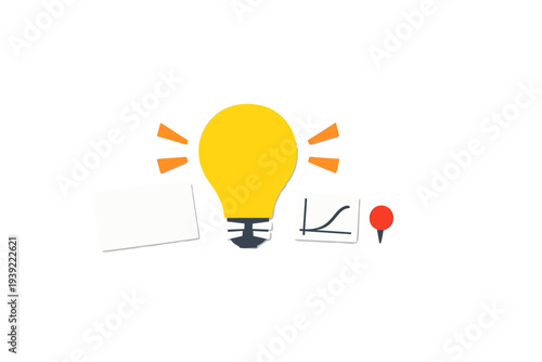 A flat illustration featuring a glowing yellow light bulb surrounded by a white card, a line graph, and a red pushpin on a black background, representing ideas and data analysis.