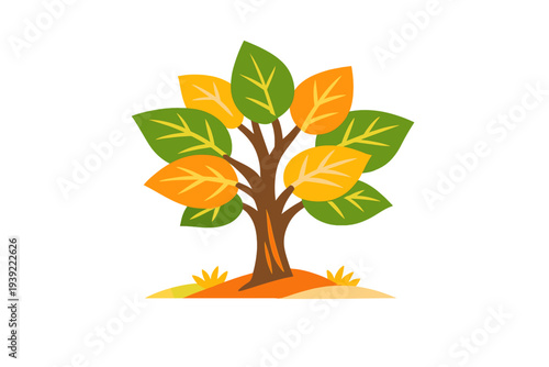 A stylized illustration of a tree with green and yellow leaves on a brown trunk, set against a solid black background. Small patches of grass are visible at the base of the tree.