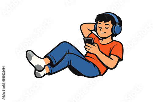 A cartoon illustration of a young man lying down while wearing blue headphones and holding a smartphone. He is wearing an orange shirt and blue pants against a black background.