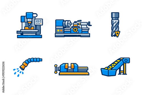 A collection of six industrial manufacturing icons featuring a CNC milling machine, lathe, drill bit, coolant hose, bench vise, and conveyor belt in a blue and yellow flat vector style.