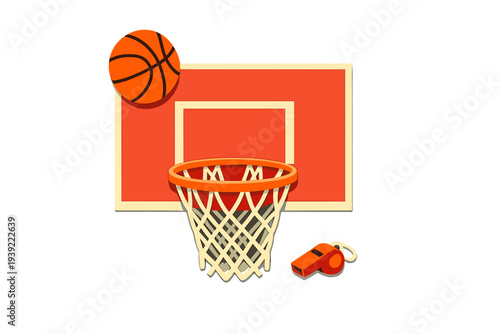 A flat illustration of a basketball hoop with an orange backboard, a basketball, and a whistle against a black background. This graphic represents sports and athletic competition.