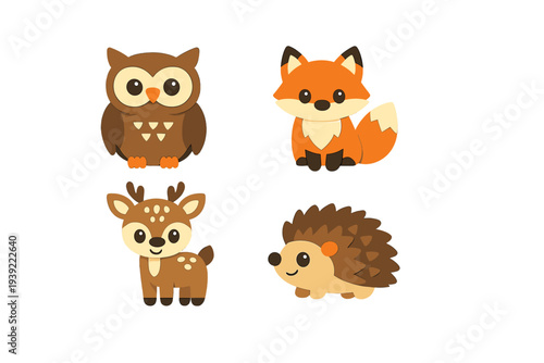 Four adorable forest animal characters featuring an owl, fox, deer, and hedgehog. These minimalist vector illustrations are designed in a layered paper-cut style on a dark background.