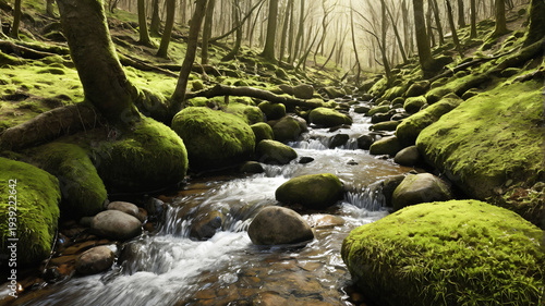 Idyllischer Bachlauf im moosbedeckten Wald bei Sonnenlicht