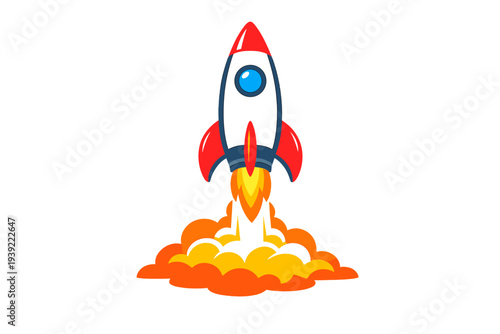 This flat vector illustration shows a white rocket ship with red accents blasting off, emitting bright orange flames and smoke clouds against a plain black backdrop.