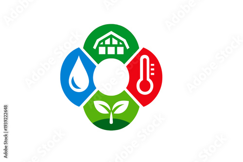 This circular logo displays four colored segments with icons for a greenhouse, temperature, plant growth, and water, illustrating smart agriculture and environmental control.