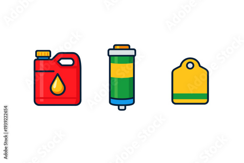 A set of three colorful vector icons featuring a red oil jug, a green cylindrical filter, and a yellow price tag or label, all presented on a solid black background.