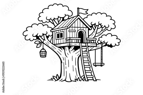 A black and white line art illustration of a wooden treehouse built into a large tree, featuring a ladder, a swing, a lantern, and a small flag on the roof.