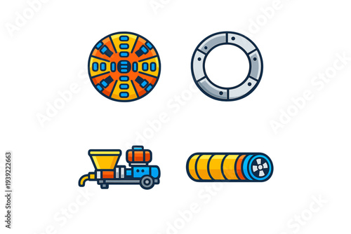 A set of four colorful vector icons depicting tunnel construction equipment including a boring machine cutter head, a concrete segment, a grout pump, and a ventilation duct.