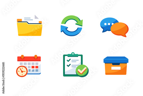 A set of six colorful 3D business and productivity icons including a folder, sync arrows, chat bubbles, a calendar with a clock, a checklist, and a storage box on a black background.