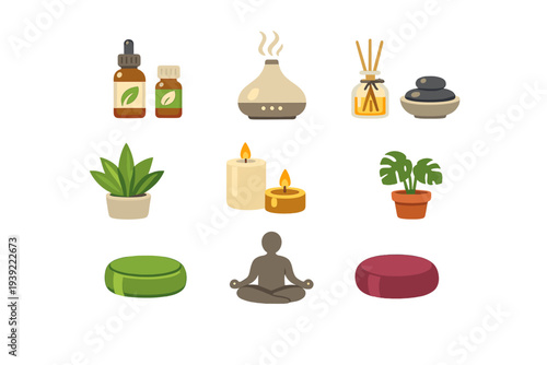 A collection of wellness and meditation icons including essential oils, an aroma diffuser, candles, potted plants, yoga cushions, and a person in a lotus pose on a black background.