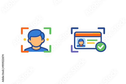 This graphic features two icons representing digital identity verification. One shows a person being scanned for facial recognition, and the other shows a verified identification card.