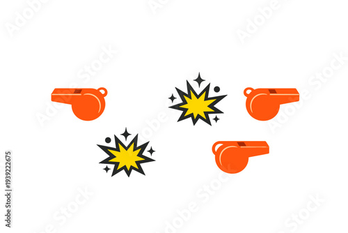 Three orange whistles and two yellow starburst icons are scattered across a solid black background. The graphic elements are simple illustrations with bold colors and clean lines.