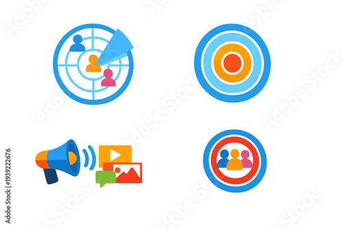 Four flat vector icons illustrating marketing strategies like audience targeting, a bullseye, a megaphone with social media content, and a customer group within a target circle.