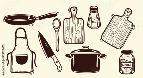 Hand drawn kitchen utensils and cooking equipment arranged on a light background for culinary preparation and food making