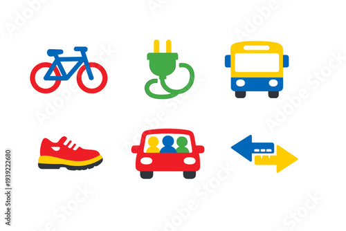 A collection of six colorful transportation and mobility icons including a bicycle, electric plug, bus, sneaker, carpool vehicle, and directional arrows on a black background.