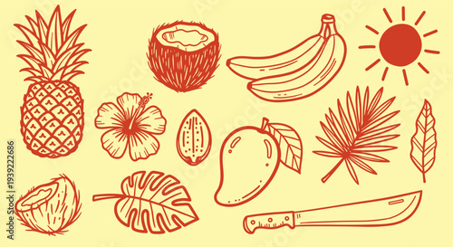 Tropical Fruits Pineapple Coconut Banana Mango Exotic Harvest Collection with Sun and Leaves