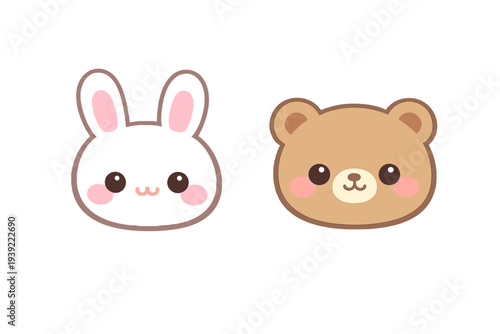 Two cute cartoon animal heads, a black bunny and a brown bear, are shown against a solid black background. They feature large eyes, pink cheeks, and simple kawaii facial expressions.